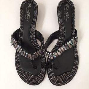 Perla Marre' Black Leather w/ Pearls Thong Sandals